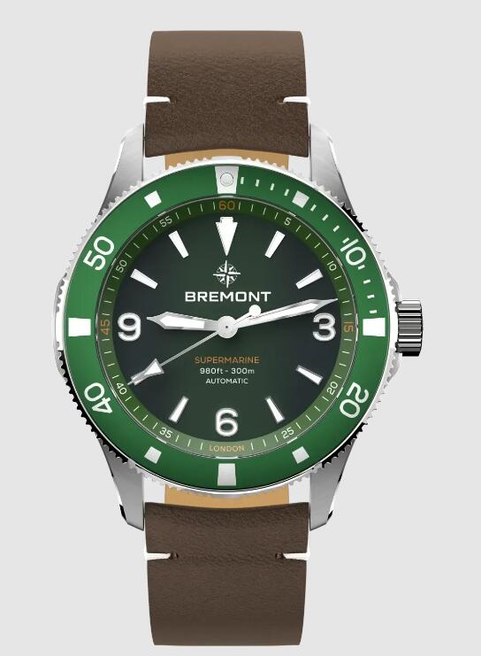 Best Bremont Supermarine 300M Green Dial brown leather Strap Replica Watch